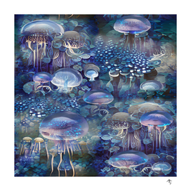 surrealism, mushrooms, jellyfish, blue, luminous,