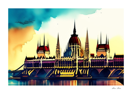 Budapest Watercolor with Hungarian Parliament