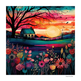 Watercolor Folk Art Sunset #2