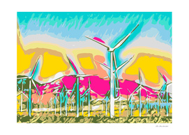 wind turbine in the desert with mountain background