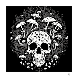 Skulls and Mushrooms Damask Black and White