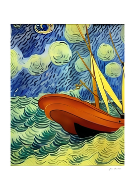 Boat in a Storm in style Van Gogh