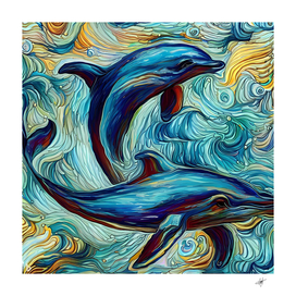 sea dolphin ocean painting art pattern blue
