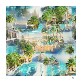 resort town, pool, sea, palm trees, villas