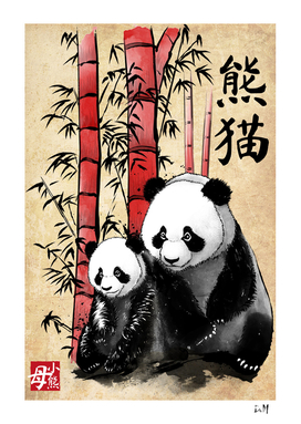 Panda and cub sumi-e