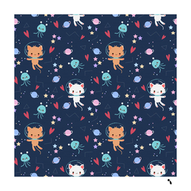 cute astronaut cat with star galaxy elements seamless