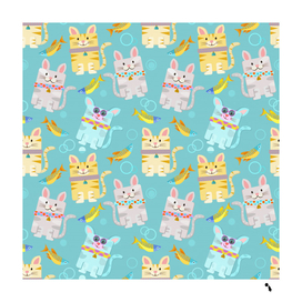 vector seamless pattern with colorful cats fish