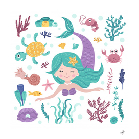 set cute mermaid seaweeds marine inhabitants