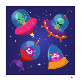 cartoon funny aliens with ufo duck starry sky set