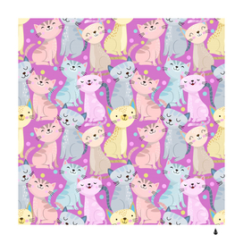 colorful cute cat seamless pattern purple background