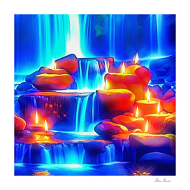 Candles on the rocks of the waterfall