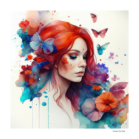 Watercolor Floral Red Hair Woman #4