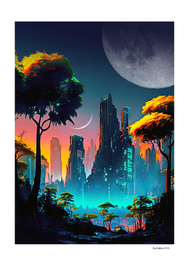 Neon cyberpunk city in a forest with Moons — surreal collage
