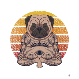 Yoga Pug Dog Sunset Retro Vector Illustration
