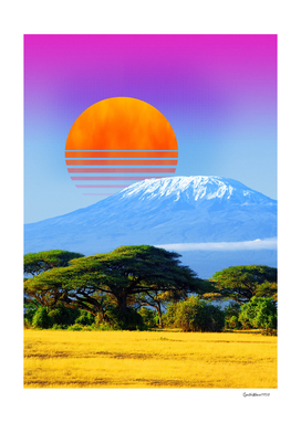 Synthwave sunset & mountain. Africa, Kilimanjaro — collage