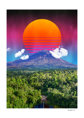 Synthwave sunset & mountain. Africa — retro collage art