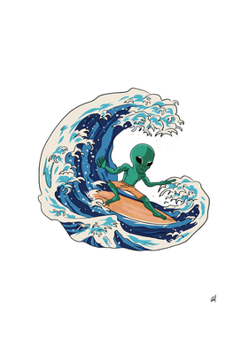 alien surfing on the waves