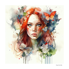 Watercolor Floral Red Hair Woman #7