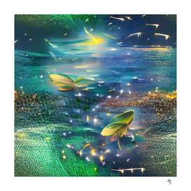 fireflies, abstract art, sea, sky,