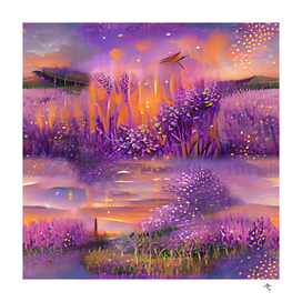 fireflies, lavender fields, landscape