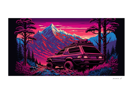 80s synthwave car forest mountain landscape vivid style