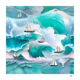 sea, stained glass, aquamarine, ships,