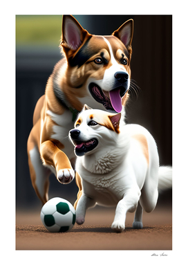 Two cute dogs running and playing soccer