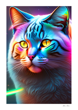 3D cat with rainbow colors neon lights colorful cat poster