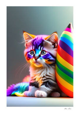 Little cat with rainbow colors 3D cat poster colorful art