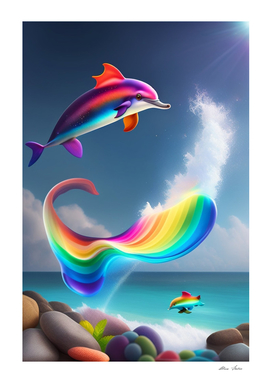 Little baby dolphin flying in the sky rainbow colors fantasy