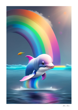 Cute baby dolphin rainbow colors neon lights dolphin poster