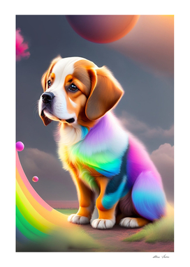 Cute little baby dog with rainbow colors in a fantasy world