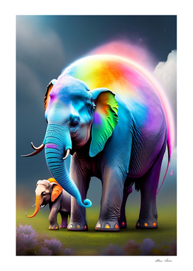 Cute baby elephant with mother elephant rainbow colors