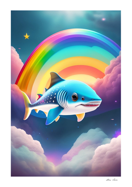 Baby shark rainbow colors flying over sky with purple clouds