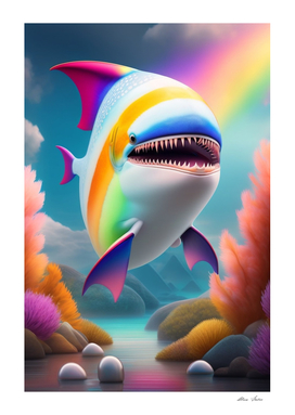 Cute shark with rainbow colors fantasy world 3D art colorful