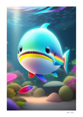 Cute little shark with rainbow colors 3D art colorful poster