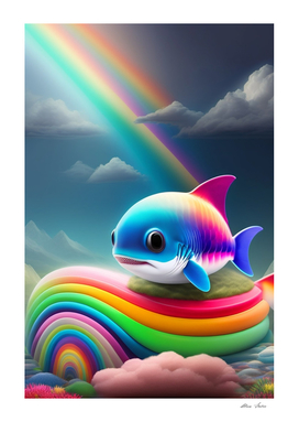 Baby shark with rainbow colors neon lights fantasy poster