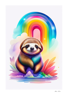Cute baby sloth with rainbow colorful poster