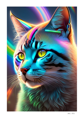 Cat with rainbow colors neon lights colorful poster
