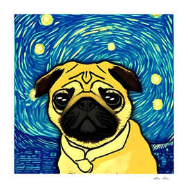 Cute little pug dog van gogh style painting