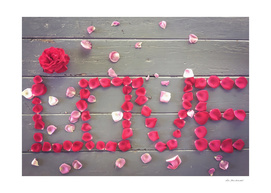 LOVE alphabet with red and pink rose leaves