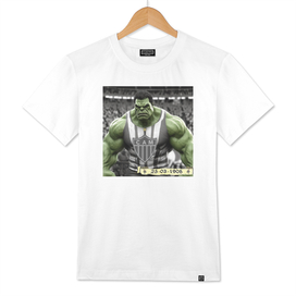 Hulk with football uniform and plate in hand,