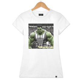 Hulk with football uniform and plate in hand,