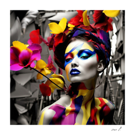 colorful body art with flowers in a black and white photo