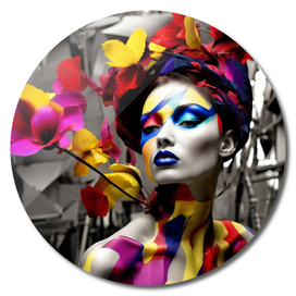 colorful body art with flowers in a black and white photo