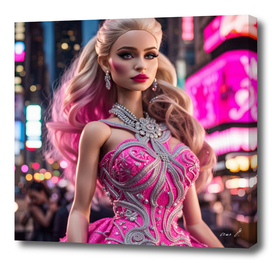 Barbie doll in a pink dress on a city street,