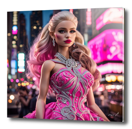 Barbie doll in a pink dress on a city street,