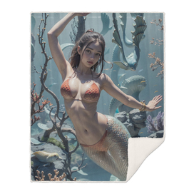 Mermaid in a bikini swims on a coral