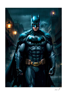 Batman standing in the rain in a city at night,