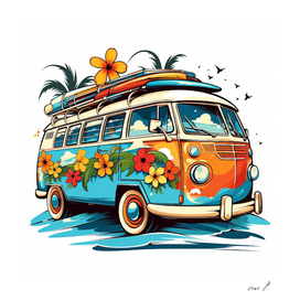 a colorful van with surfboards and flowers on top
